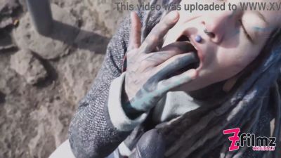 Caught while wild public sex on a ruine - POV, tattoo couple, split tounge blow job - punk, goth - sexu.com